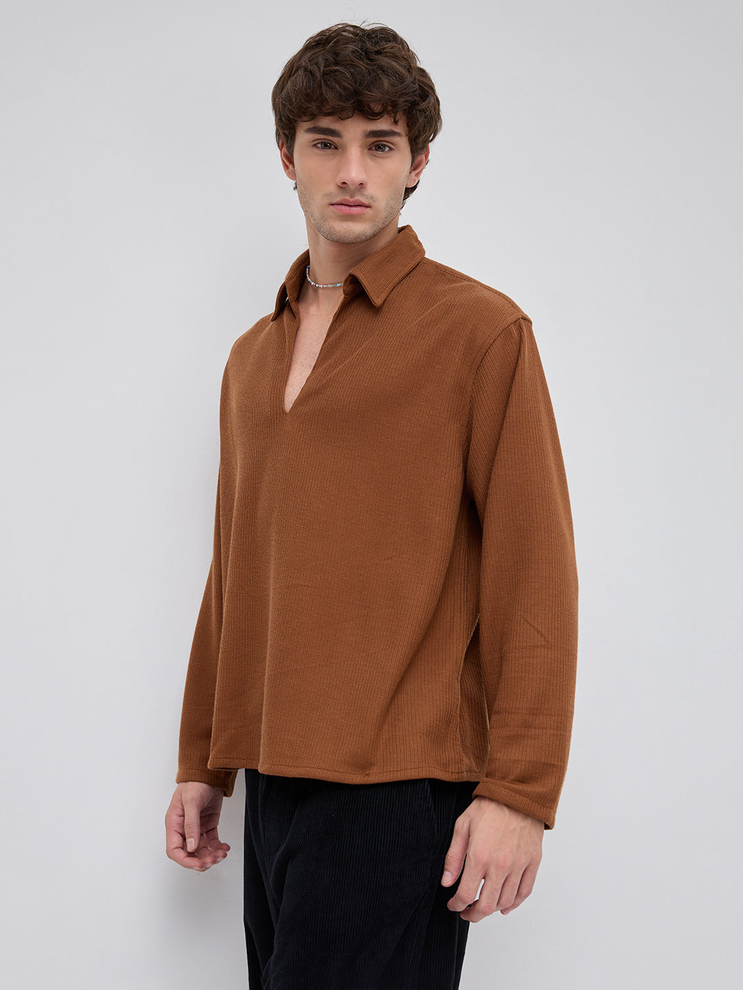 Brown Micro Weave Knitted Oversized Polo Shirt