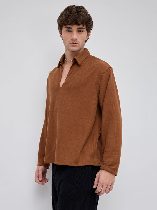 Brown Micro Weave Knitted Oversized Polo Shirt