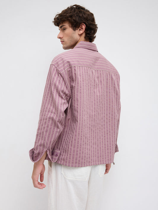 Raspberry Glace Seersucker Contrast Embroidered Boxy Fit Crop Shirt