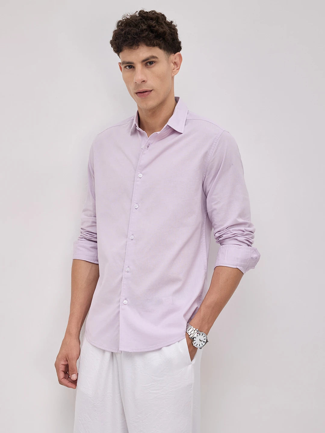 Lavender Blush Subtle Textured Linen Blend Shirt