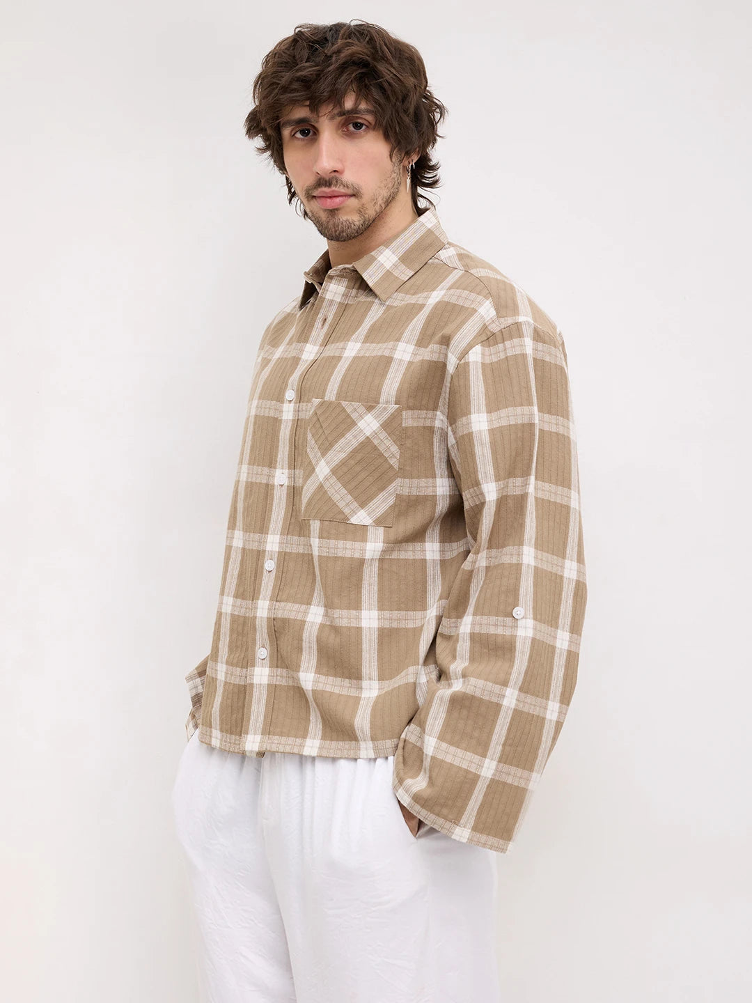Taupe Ladder Striped Windowpane Checks Cuffless Oversized Crop Shirt
