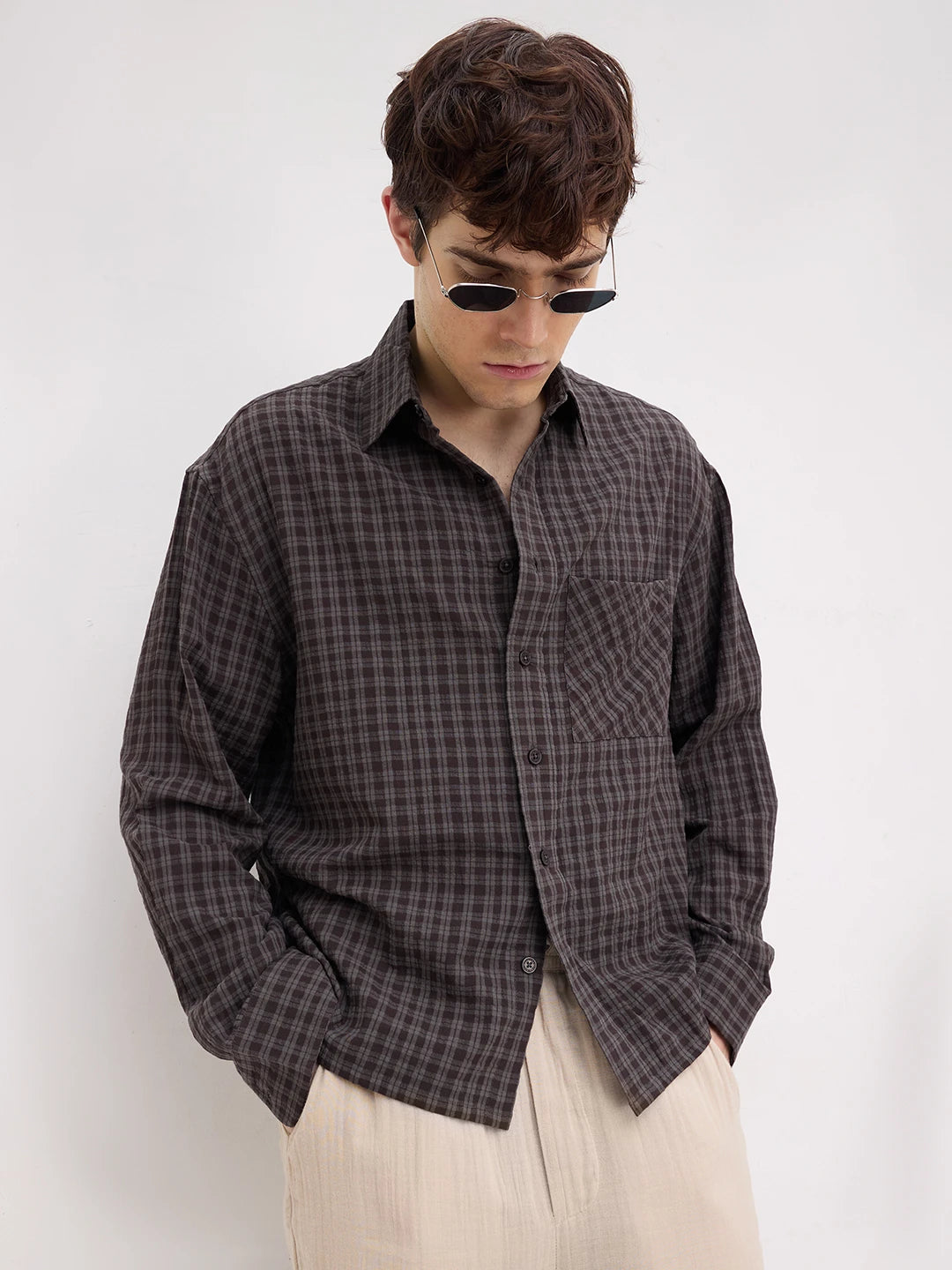 Brown & Grey Shadow Atelier Checked Boxy Fit Crop Shirt