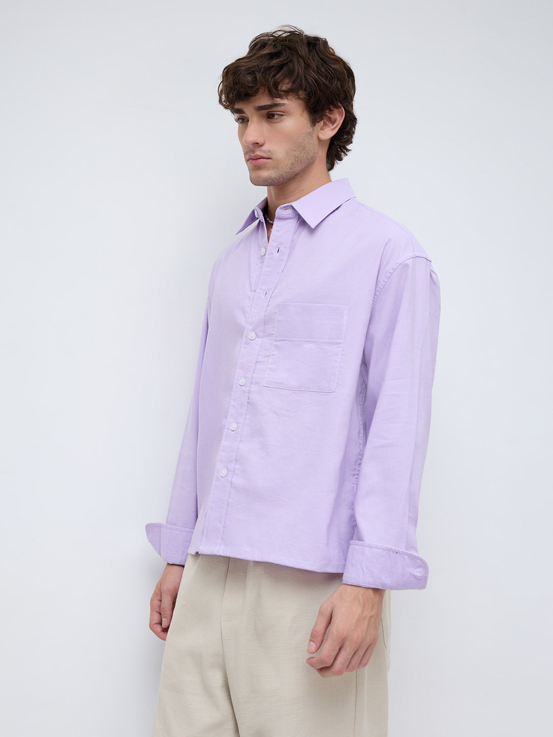 Pastel Lavender Linen Blend Boxy Fit Crop Shirt