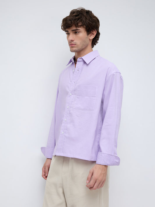 Pastel Lavender Linen Blend Boxy Fit Crop Shirt