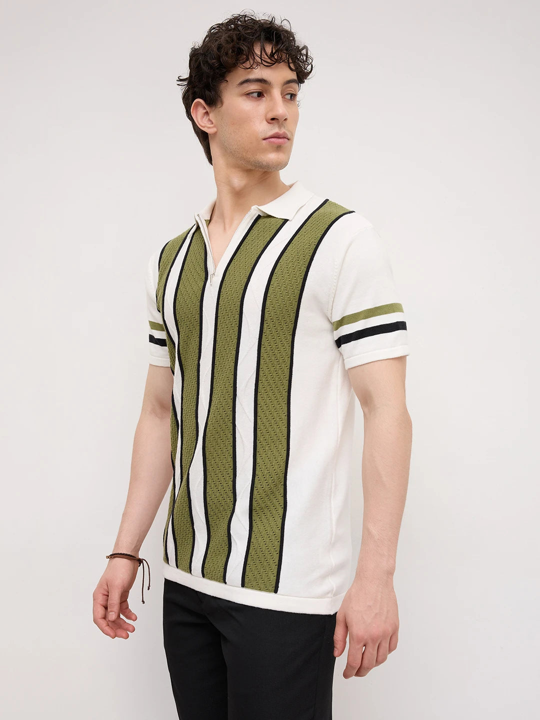White Artisian Panel Striped Polo Zip Flat Knit T-shirt