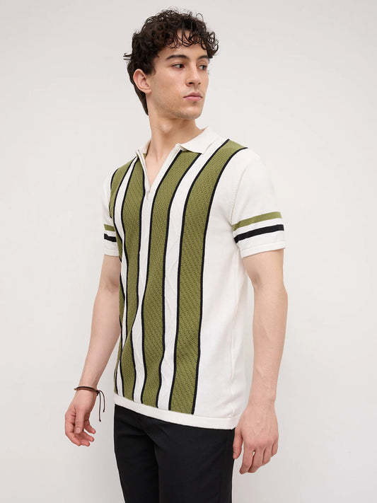 White Artisian Panel Striped Polo Zip Flat Knit T-shirt