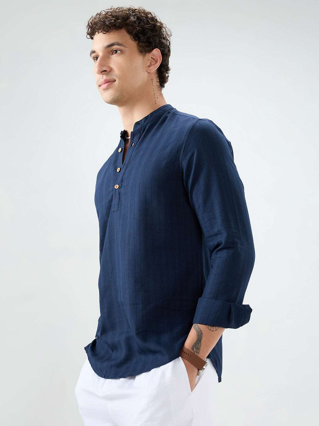Navy Ladder Striped Subtle Textured Kurta
