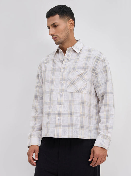 Grey & Ivory Structured Check Weave Boxy Fit Crop Shirt