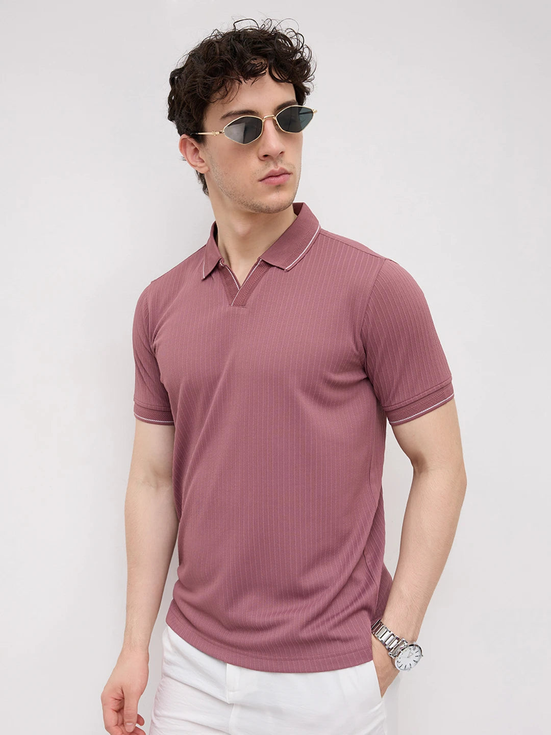 Rosewood Rib Striped Weave Polo Tee