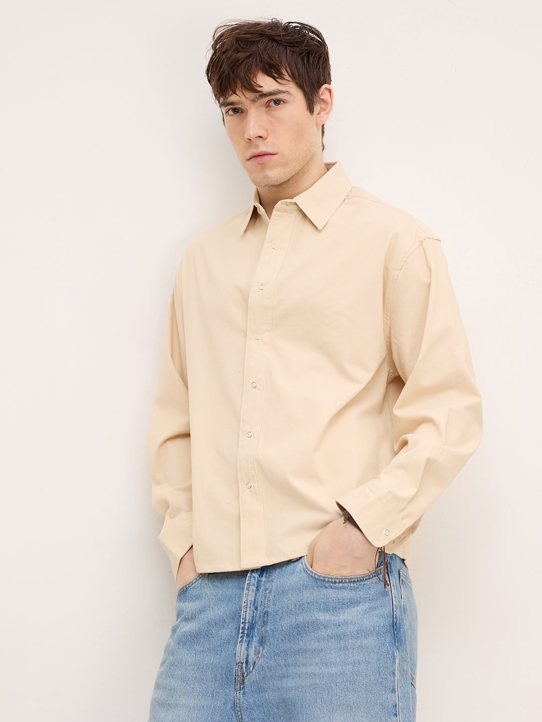 Luxe Bisque Beige Boxy Fit Crop Corduroy Shirt