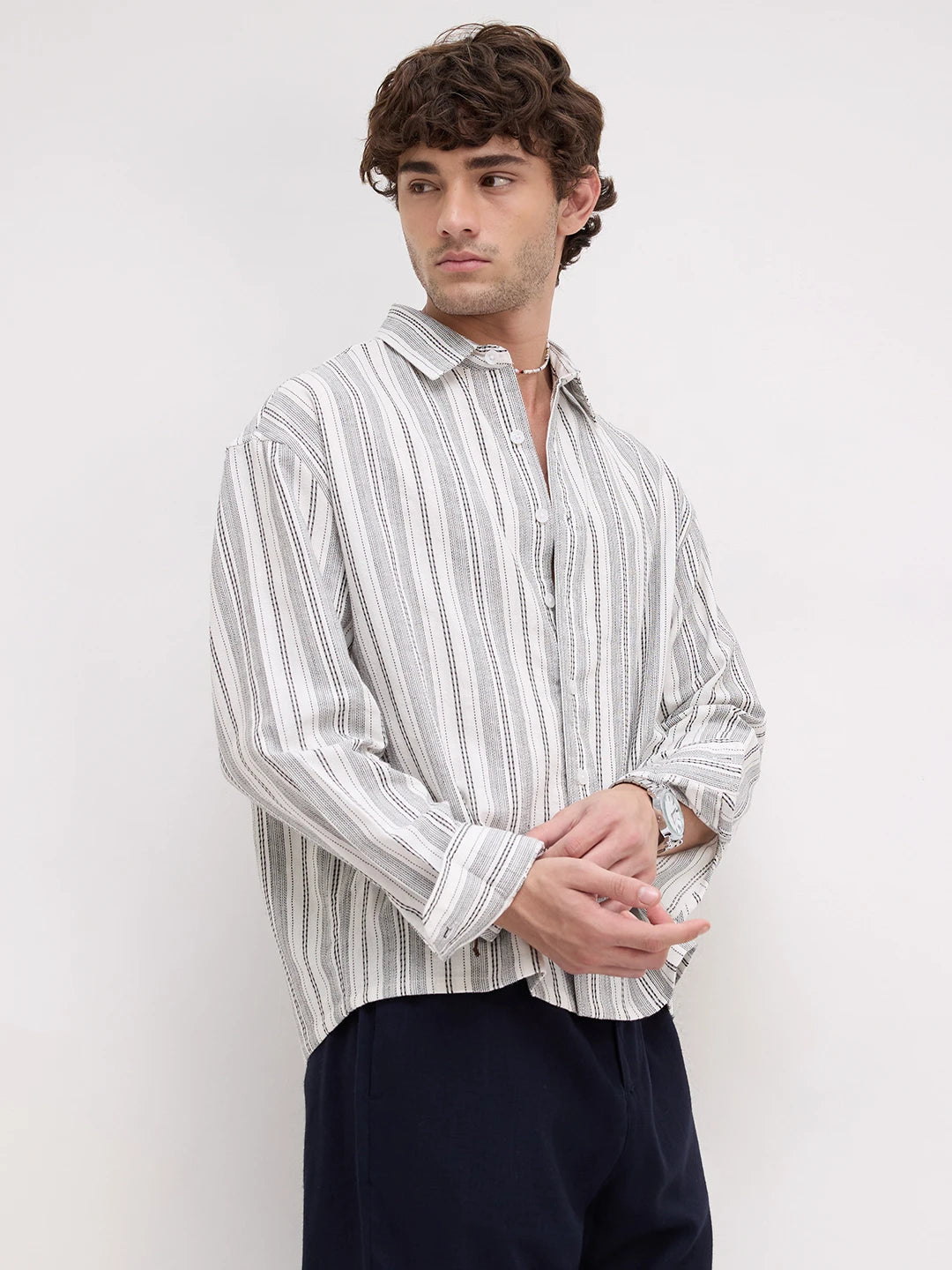 Refined Monochrome Striped Boxy Fit Crop Shirt