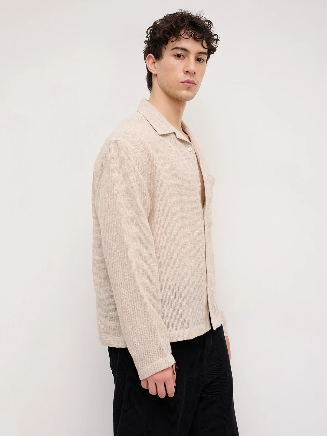 Artisan Sand Mesh Weave Notch Collar Oversized Shirt