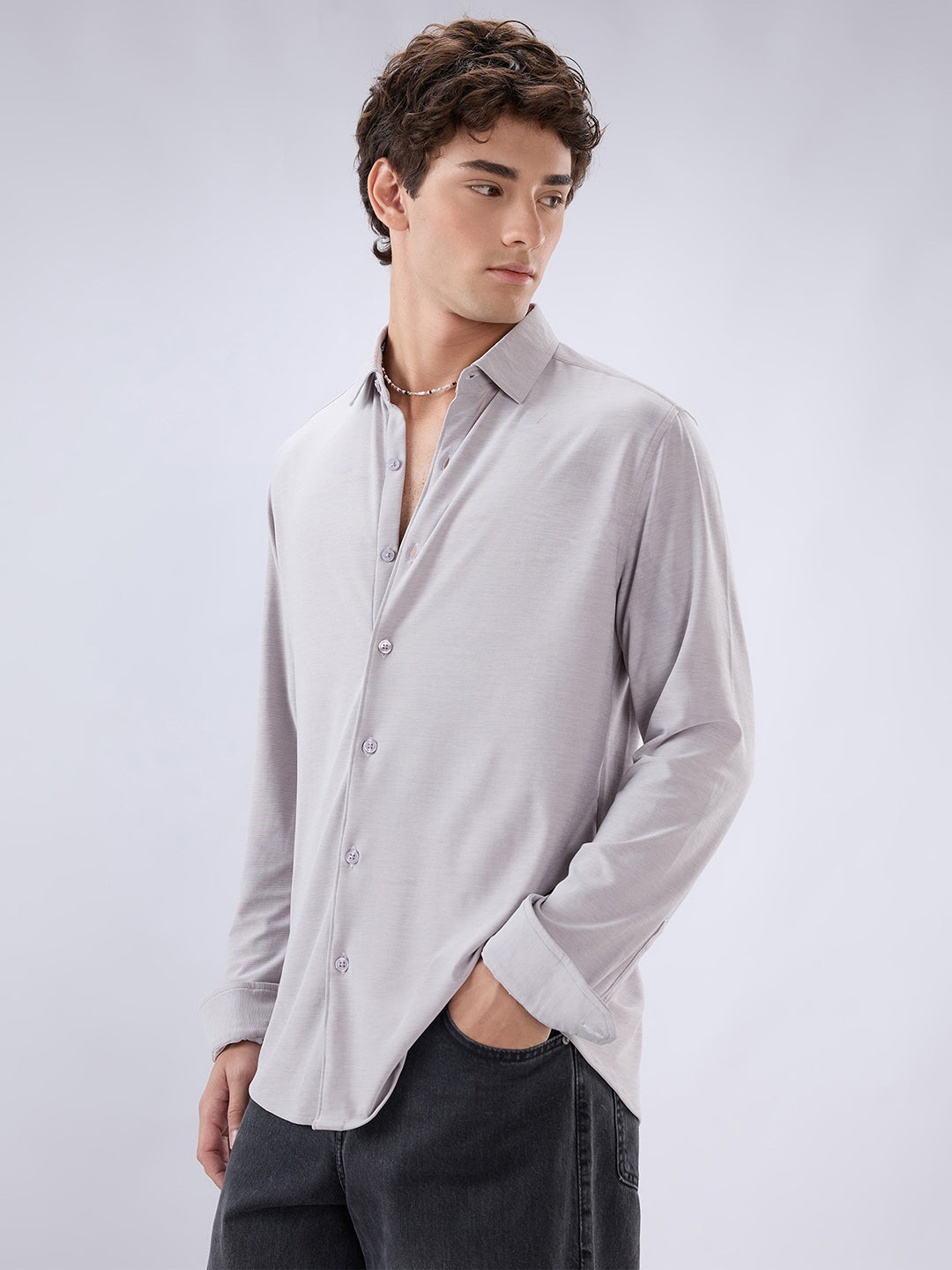 Classic Solid Plush Grey Knitted Shirt