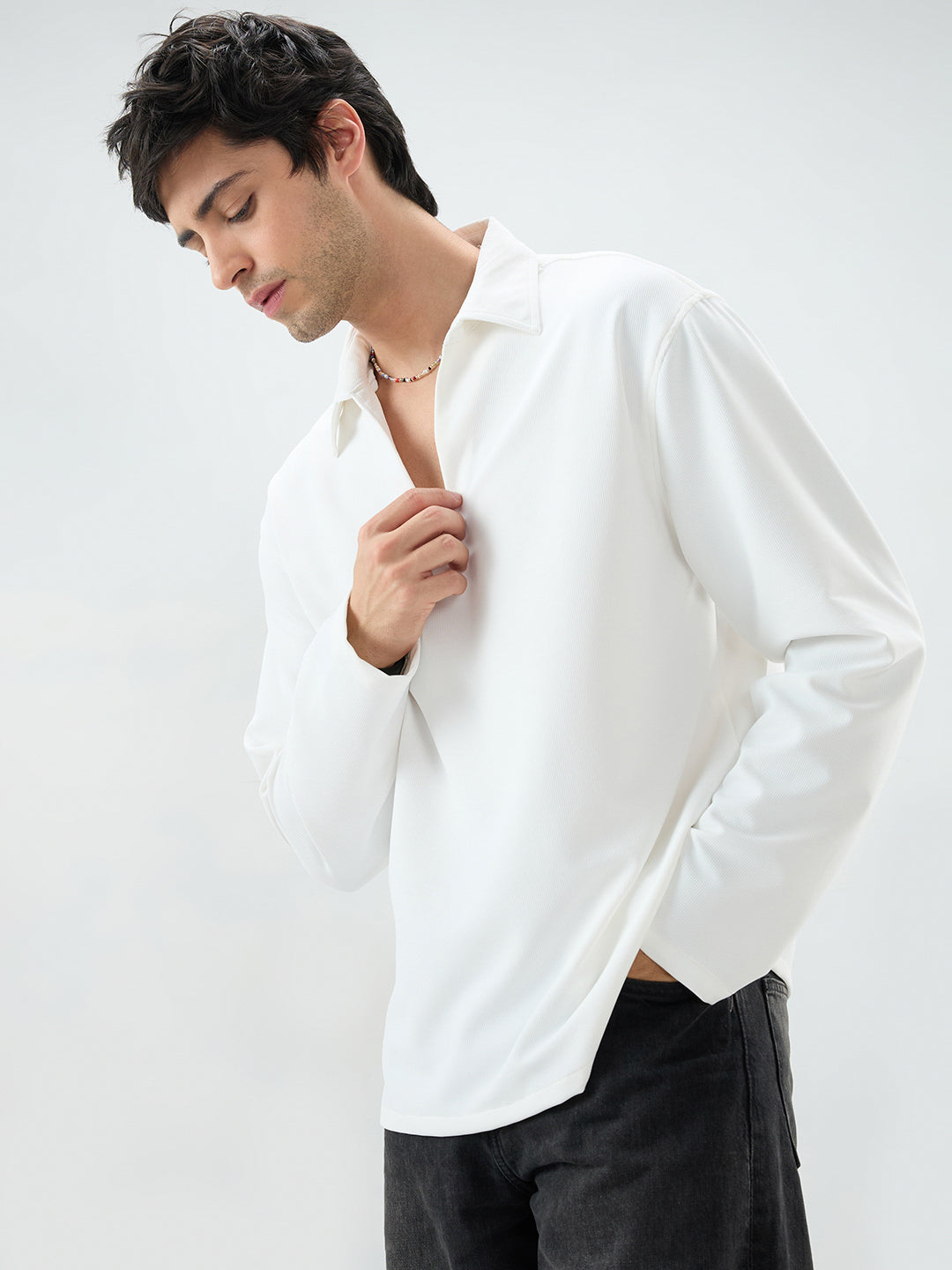 Snow White Oversized Polo Tencel Knit Shirt