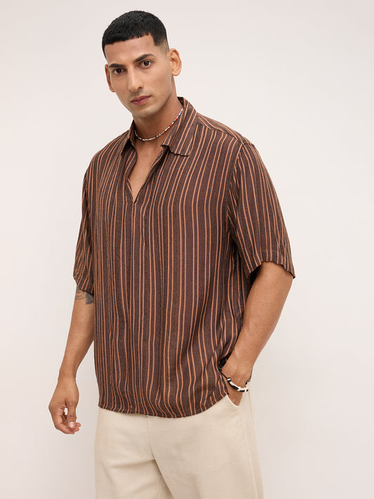 Brown Dobby Striped Oversized Polo Shirt