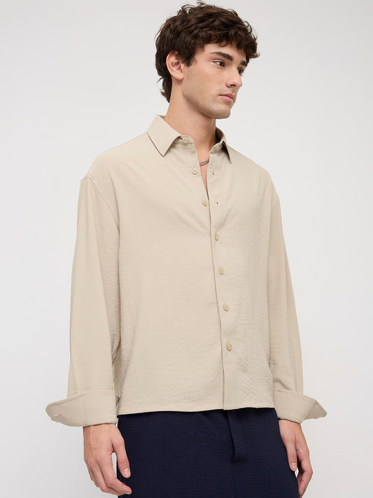 Sand Beige Velour Finish Boxy Fit Crop Shirt