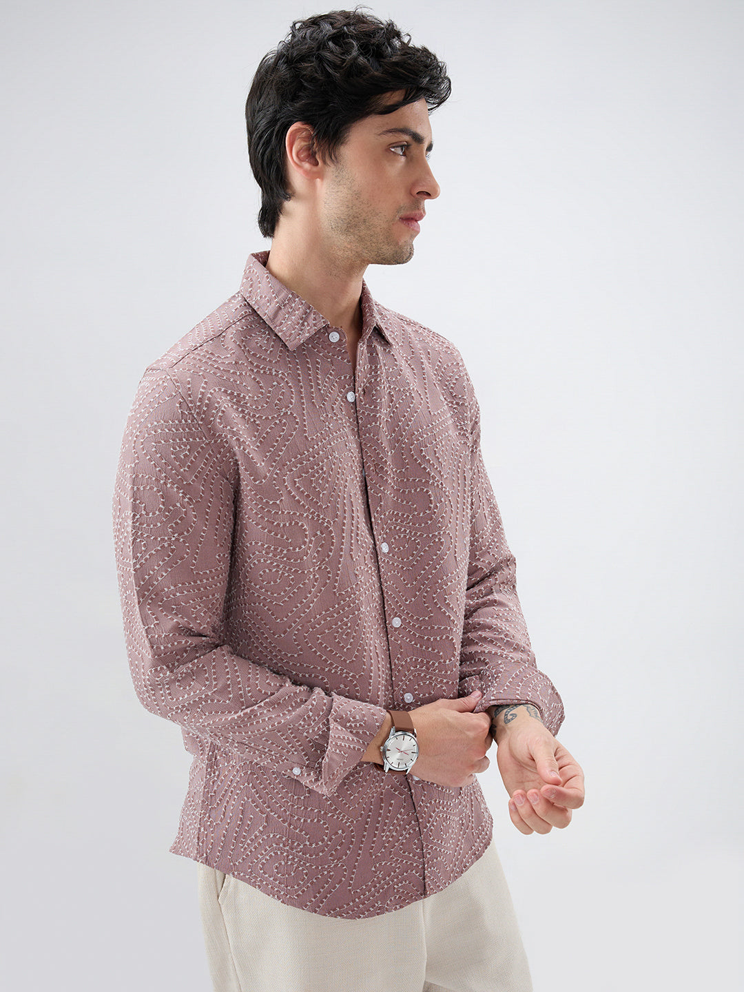 Ornate Brown Thread Flow Raised Stitch Shirt
