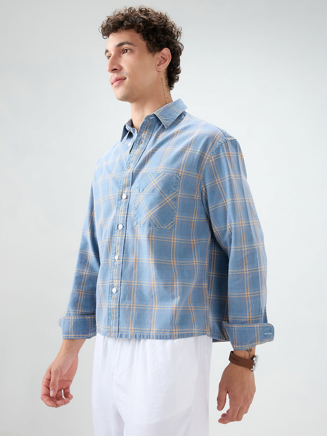 Denim Blue & Yellow Multi Line Checks Boxy Fit Crop Shirt