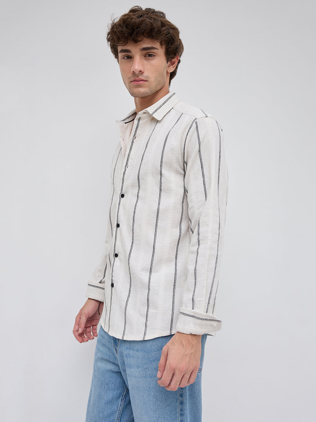 Ivory & Black Embroidered Striped Shirt