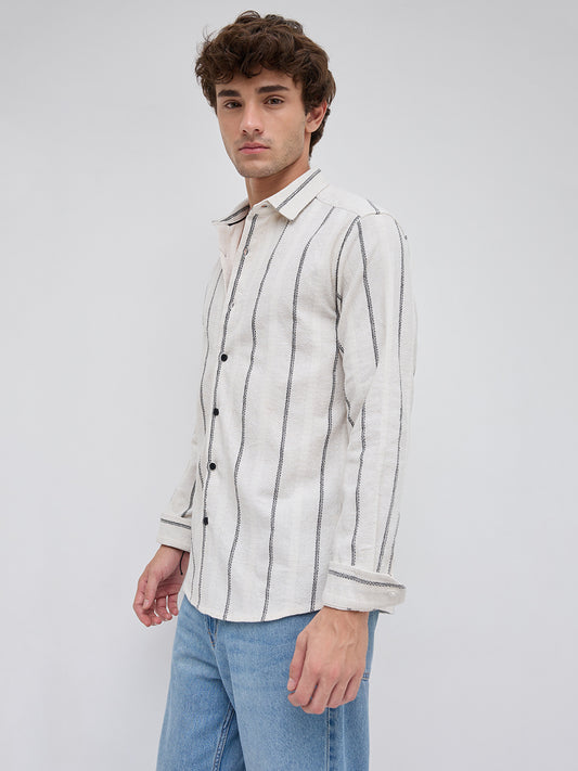 Ivory & Black Embroidered Striped Shirt