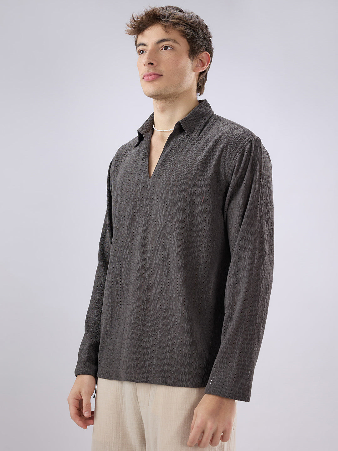 Dark Grey Textured Crochet Polo Oversized Shirt