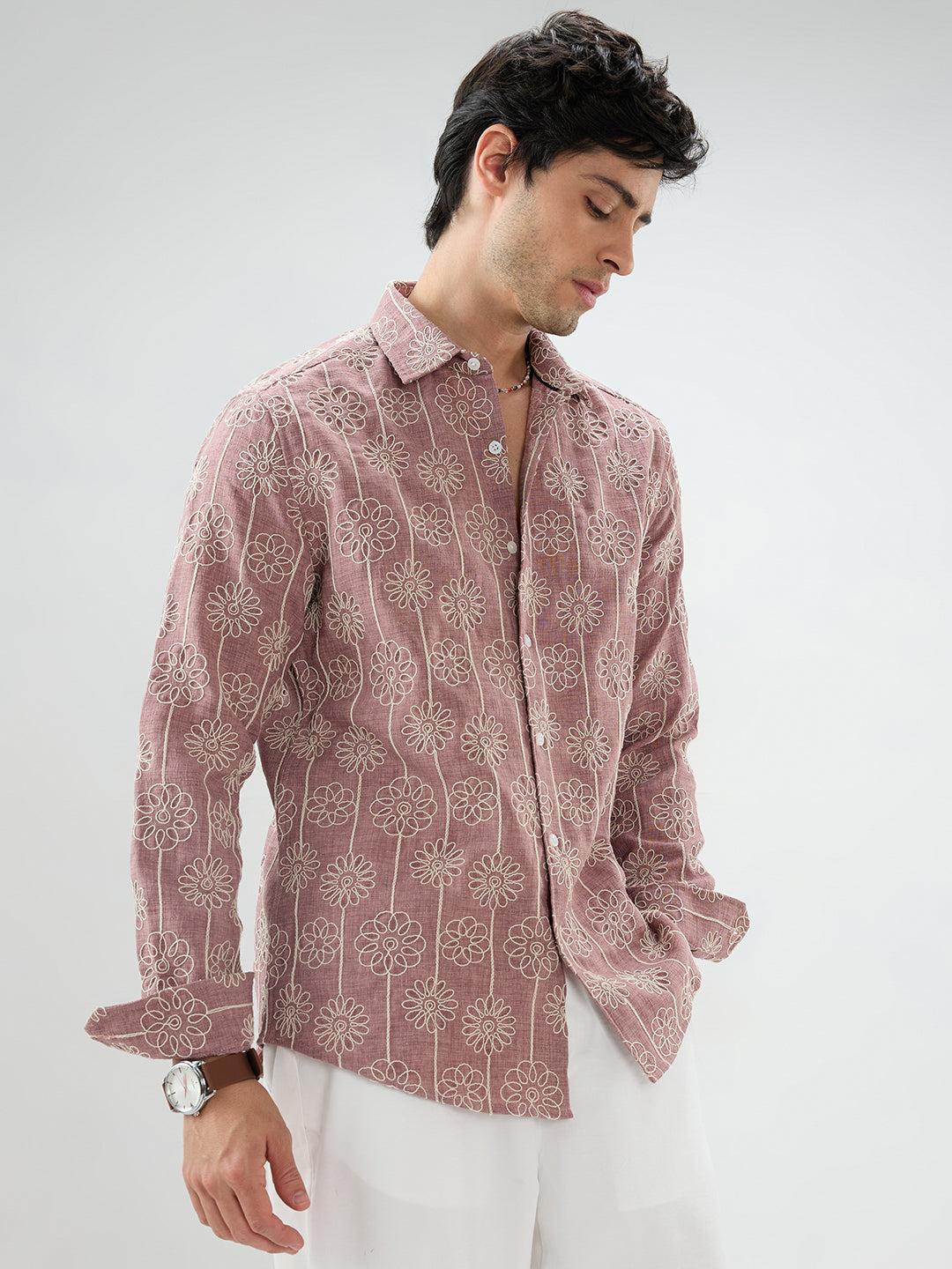 Turkish Rose Pink Floral Embroidered Slub Shirt