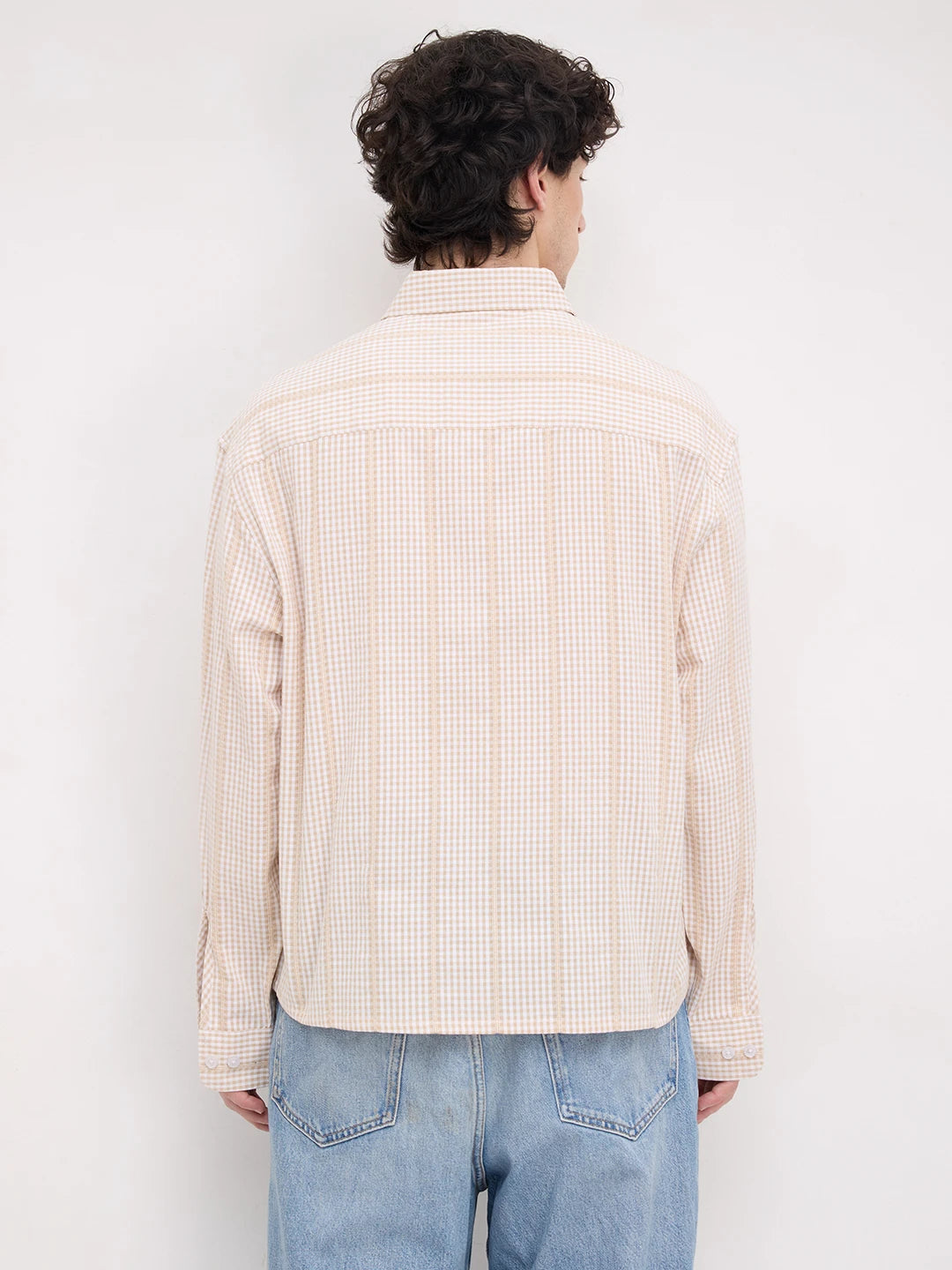 Sand Beige Vacation Checks Boxy Fit Crop Shirt