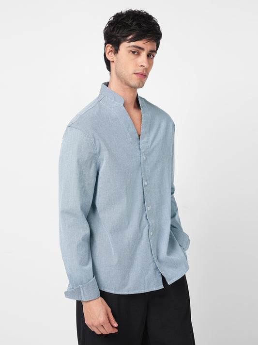 Navy & White Pinstripe Stand Collar Oversized Shirt