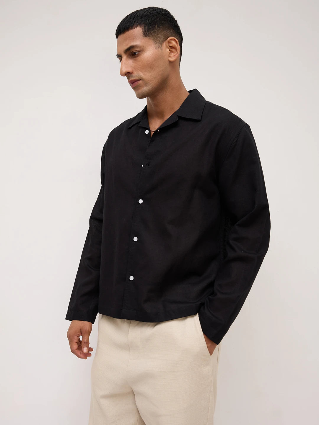 Luxe Black Linen Blend Notch Collar Oversized Shirt