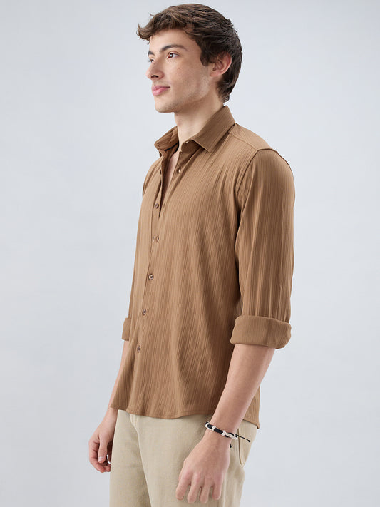 Copper Brown Fine Vertical Ribbed Knitted Shirt