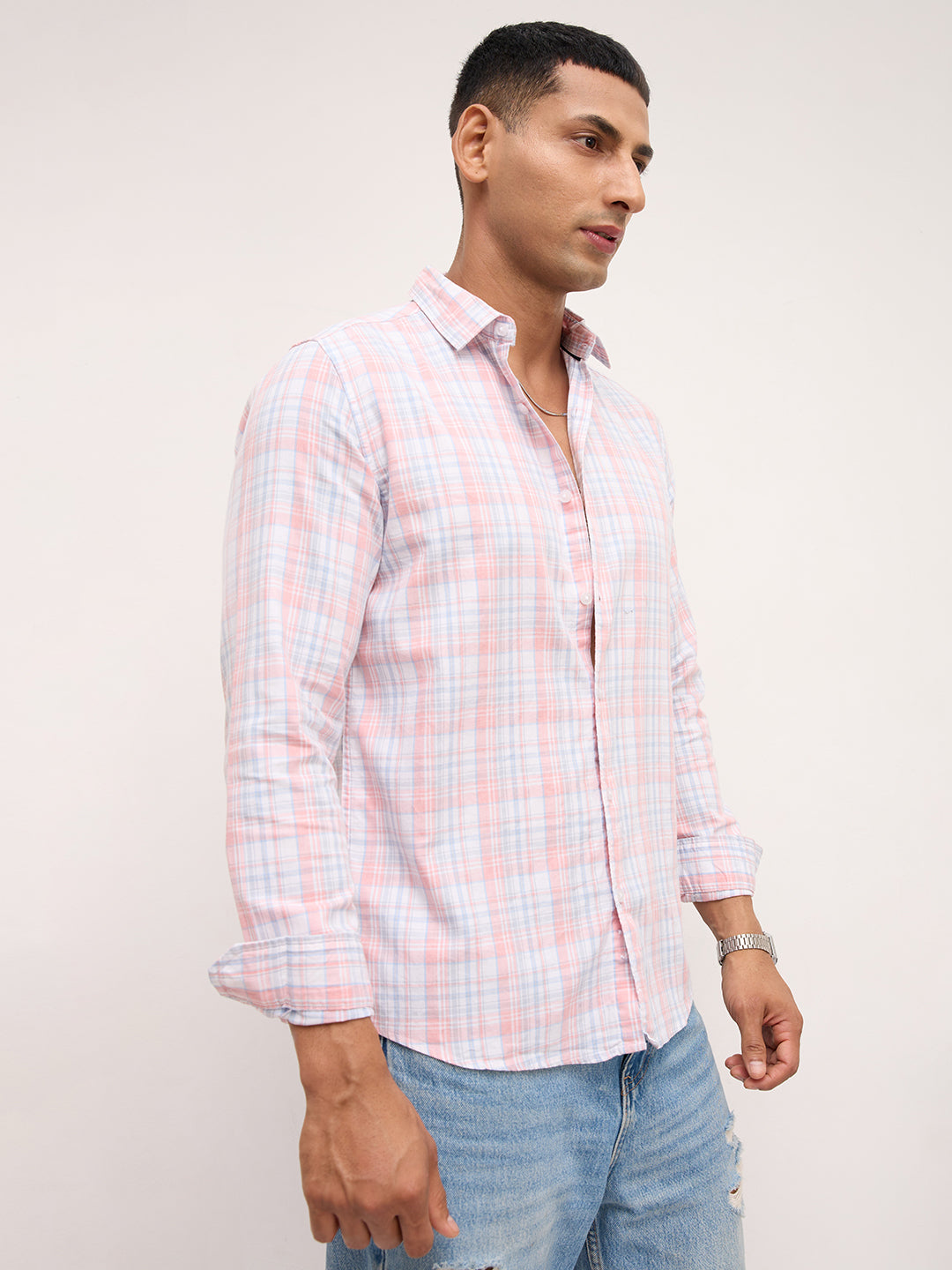 Soft Peach & Blue Pastel Grid Checks Shirt