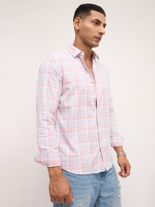 Soft Peach & Blue Pastel Grid Checks Shirt