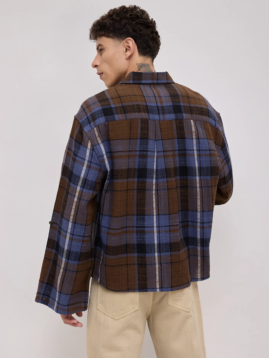 Effortless  Brown & Blue Glen Checks Cuffless Oversized Crop Shirt