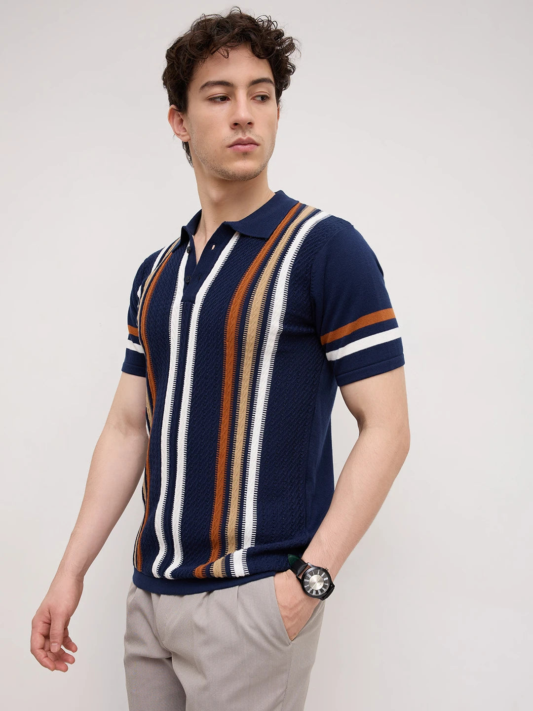 Vintage Multi-Stripe Raceway Zip Flat Knit Polo T-Shirt