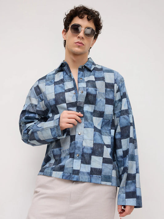 Ocean Blue Abstract Printed Cuffless Oversized Shirt