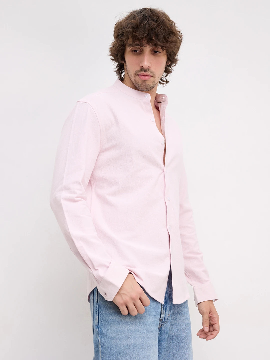 Charming Blush Pink Solid Mandarin Shirt