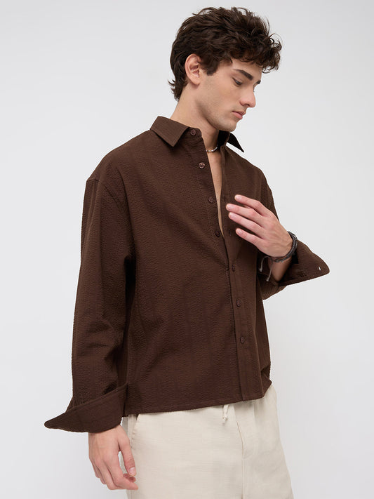 Espresso Brown Seersucker Boxy Fit Crop Shirt
