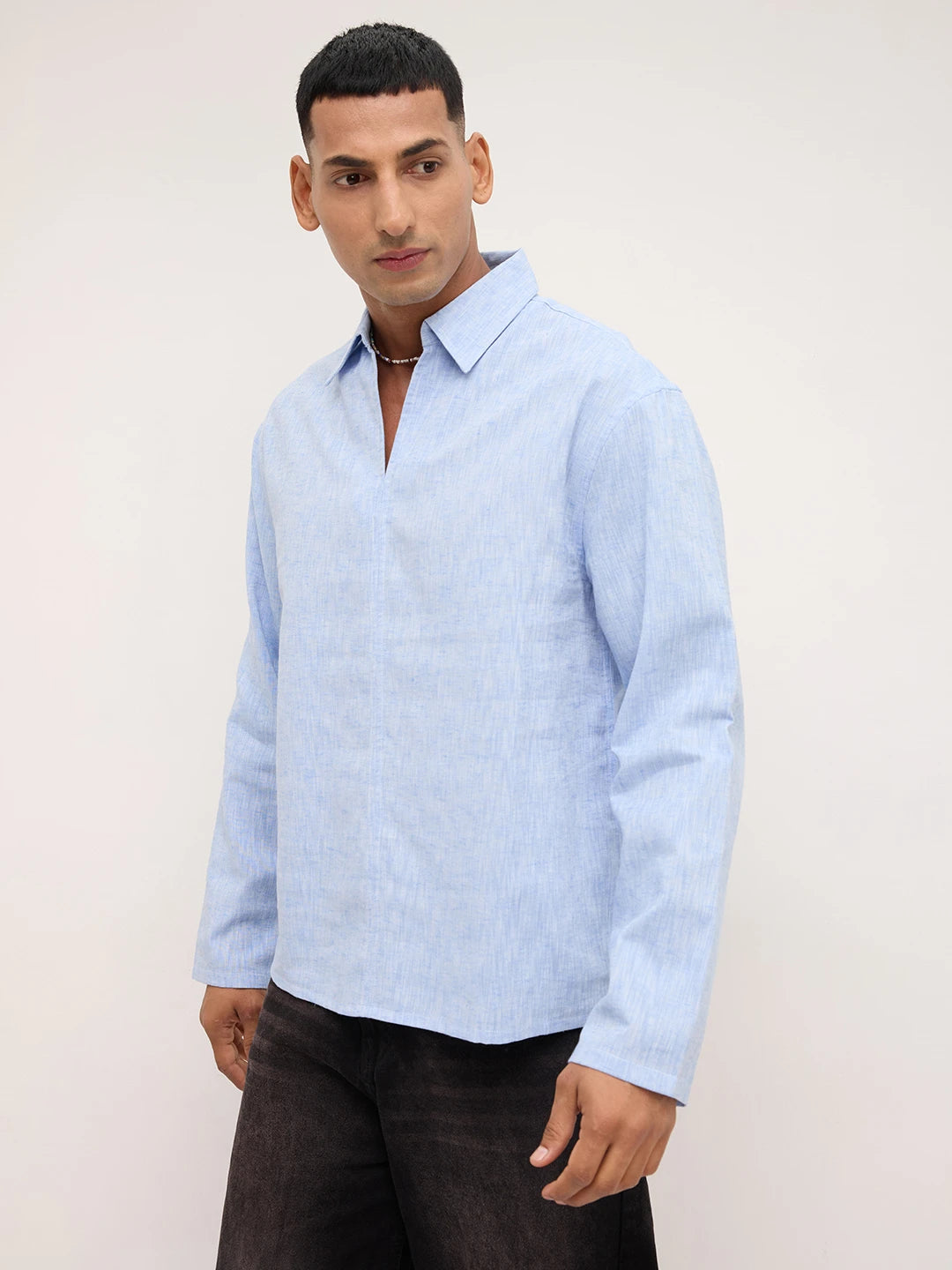 Soft Blue Textured Center Seam Oversized Polo Shirt