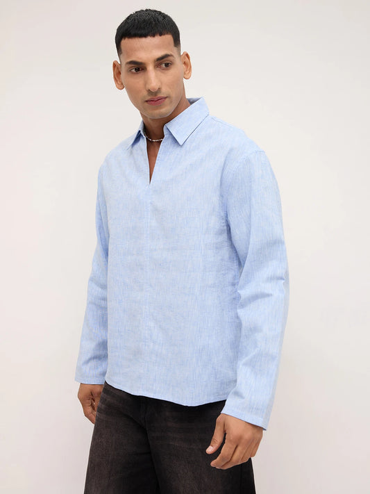 Soft Blue Textured Center Seam Oversized Polo Shirt