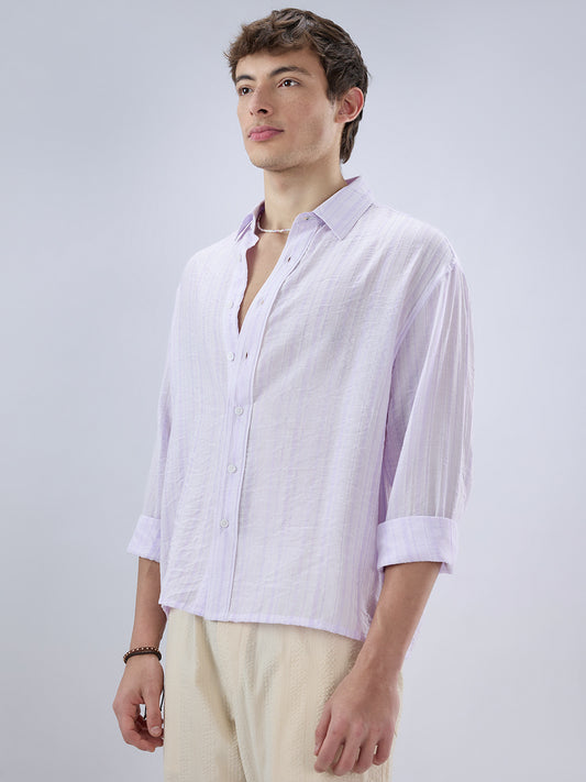 Elegant Lavender Airstripe Crinkled Boxy Fit Crop Shirt