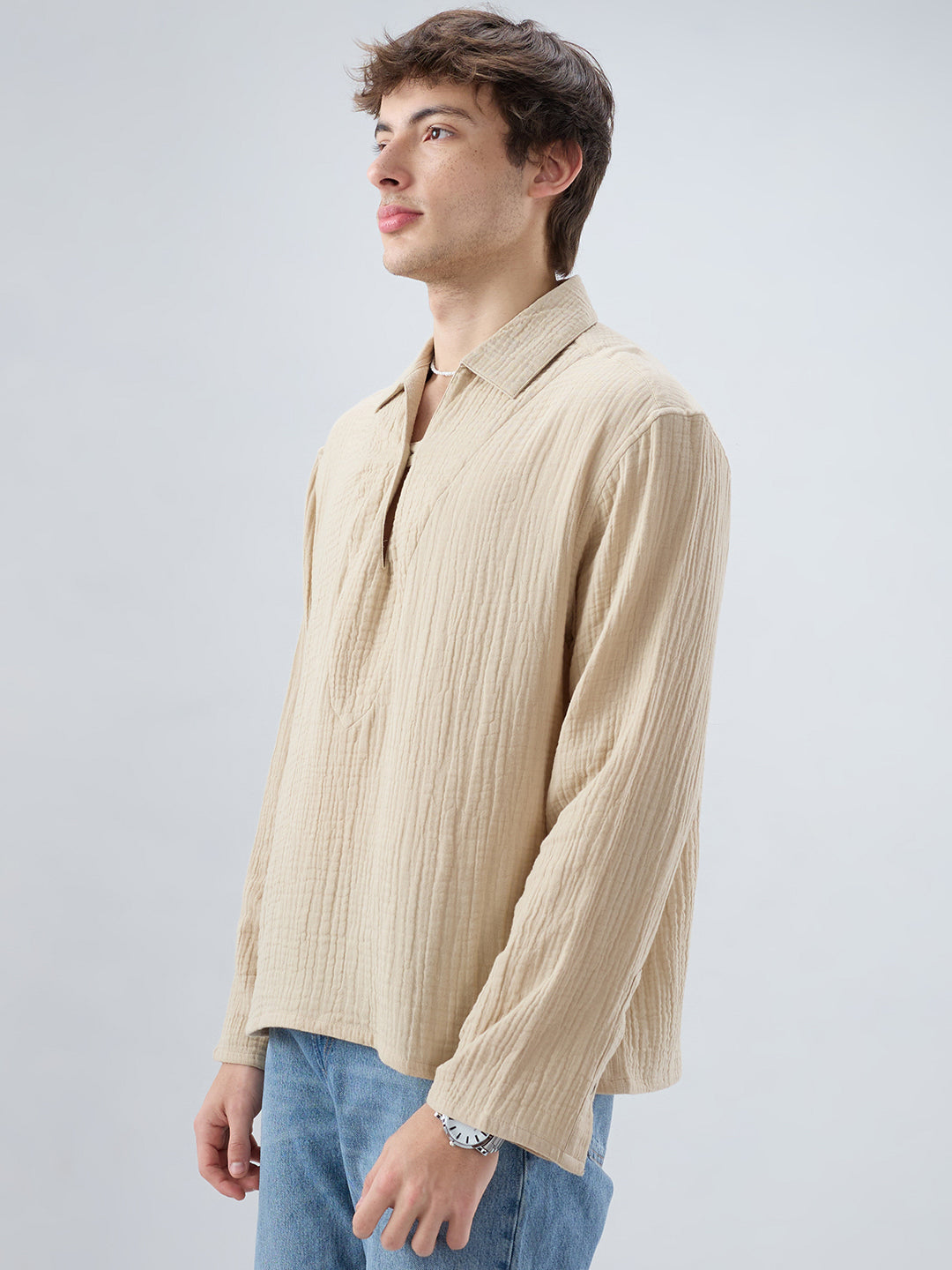 Latte Beige Double Cloth Cuffless Oversized Shirt