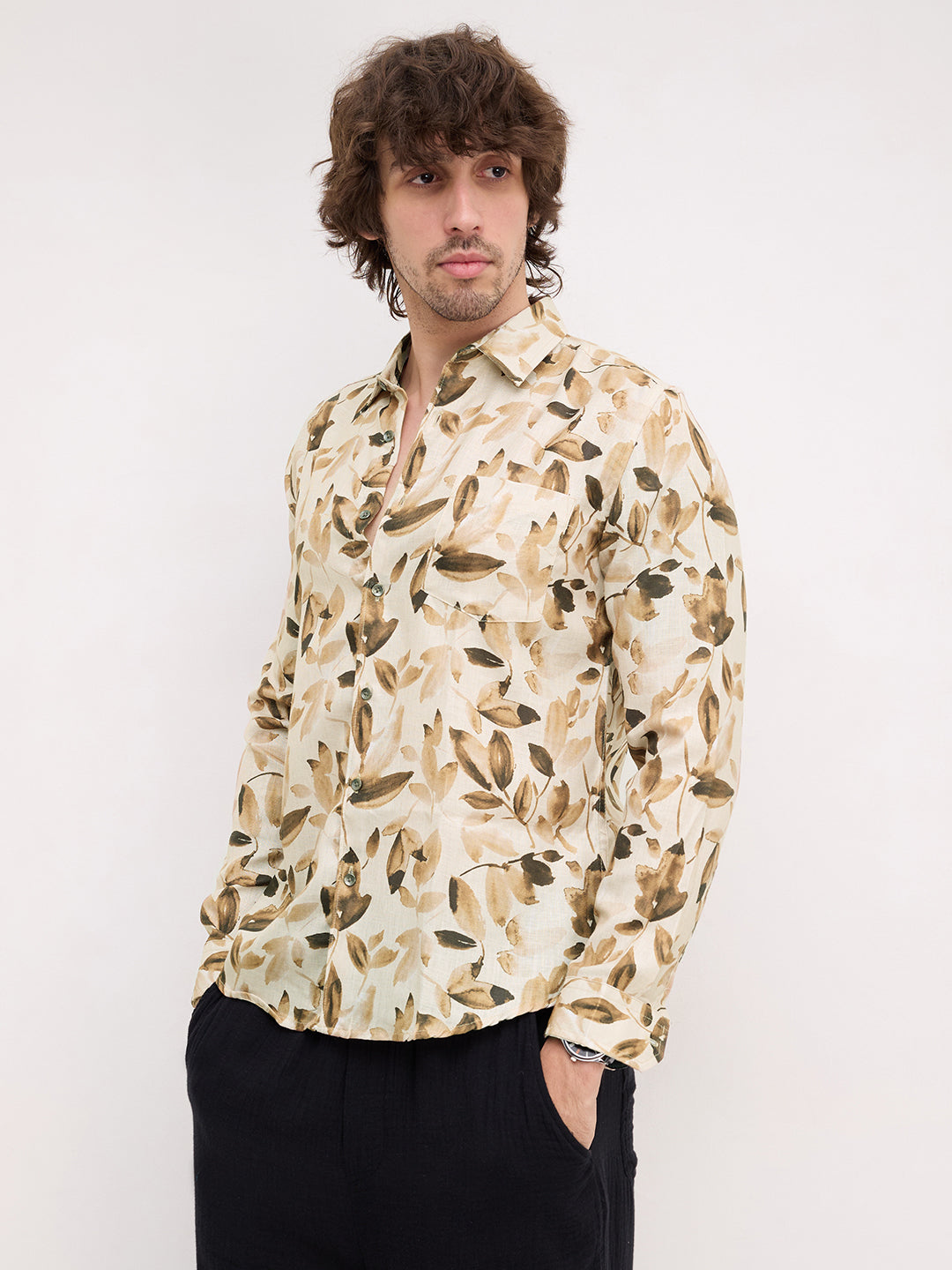Camel Beige Artistic Floral Printed Shirt