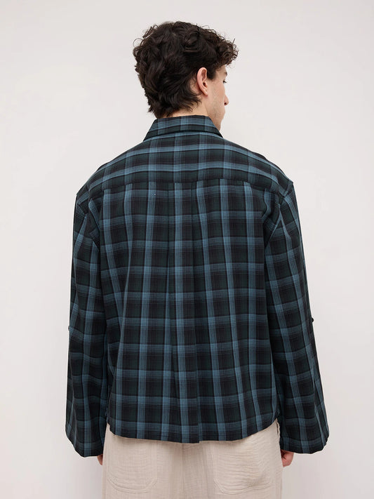 Turkish Blue Plaid Checks Cuffless Oversized Crop Shirt