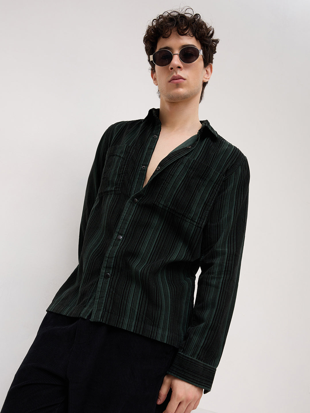 Dark Green Striped Double Pocket Corduroy Shirt