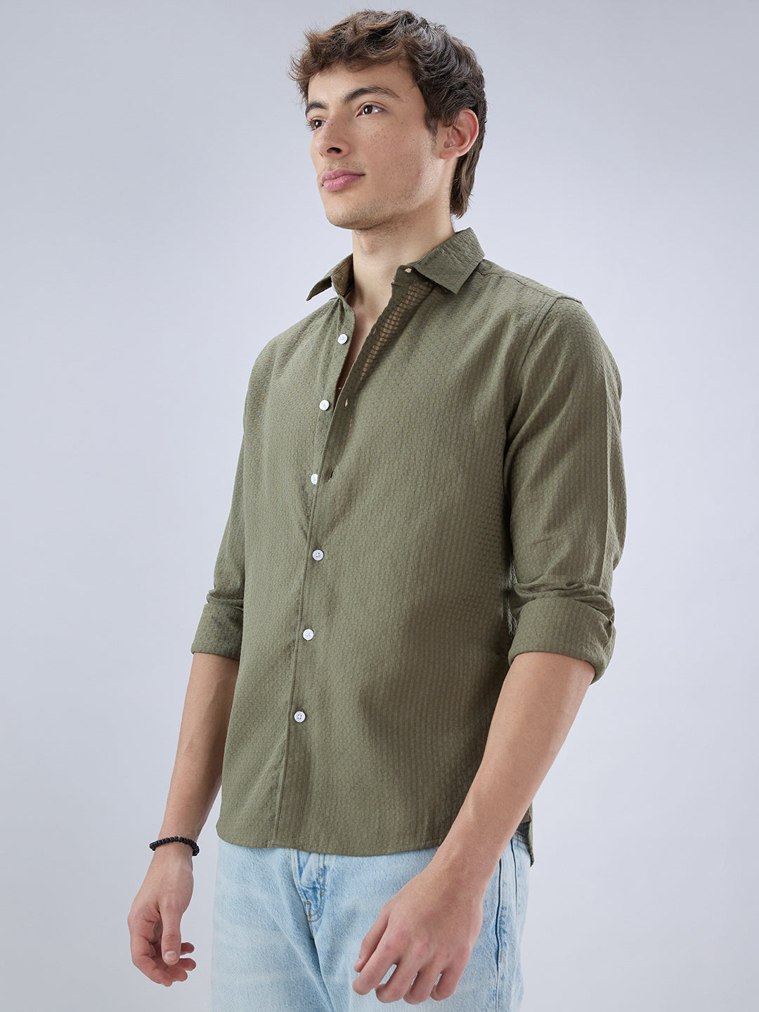 Olive Open Weave Refined Textured Checks Shirt