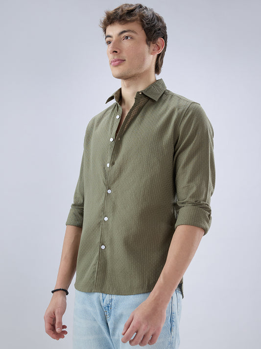 Olive Open Weave Refined Textured Checks Shirt