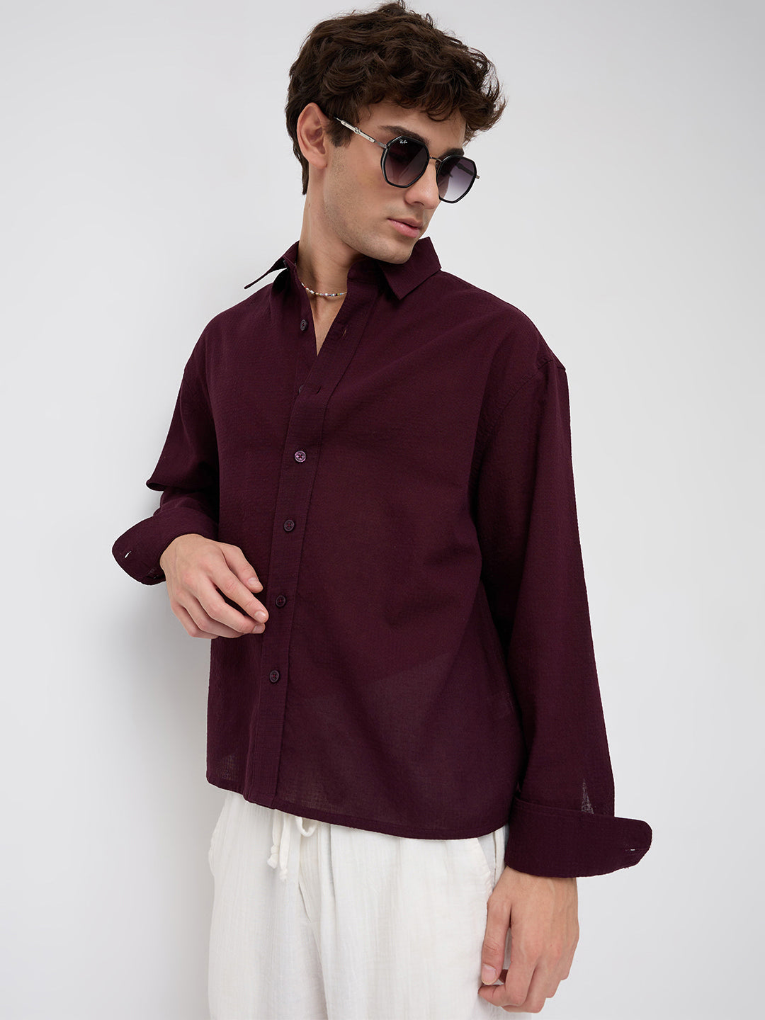 Wine Micro Jacquard Weave Boxy Fit Crop Shirt