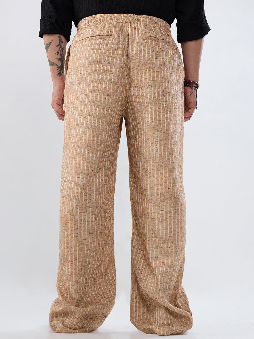 Beige Pinstripe Wide-Leg Trousers