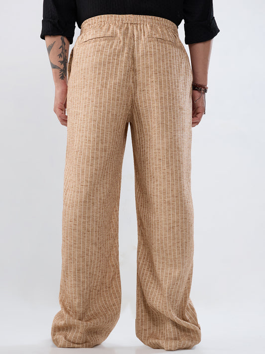 Beige Pinstripe Wide-Leg Trousers