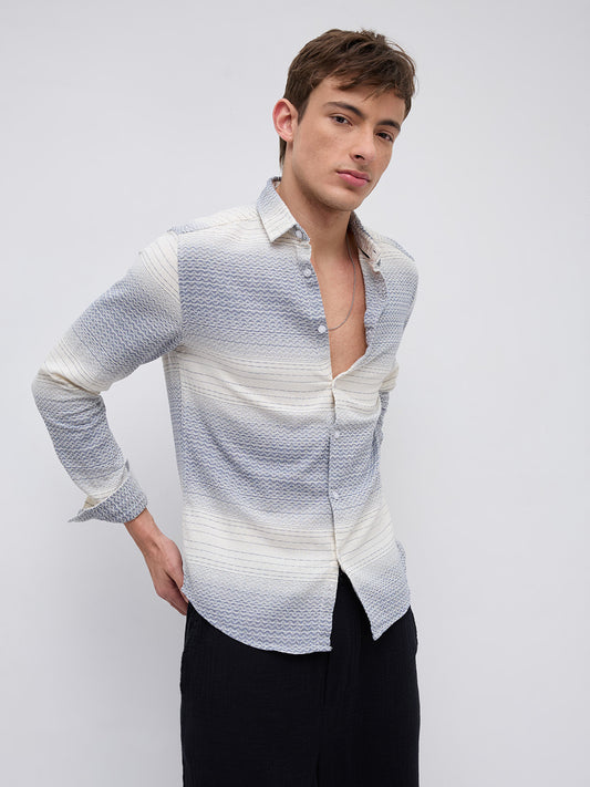 White & Blue Jacquard Wave Pattern Striped Shirt